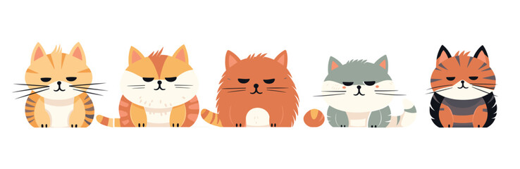 Five cute cats with various stripes and expressions are depicted in a vector illustration.