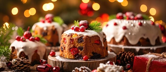 Obraz na płótnie Canvas Festive fruitcakes for holidays and celebrations.