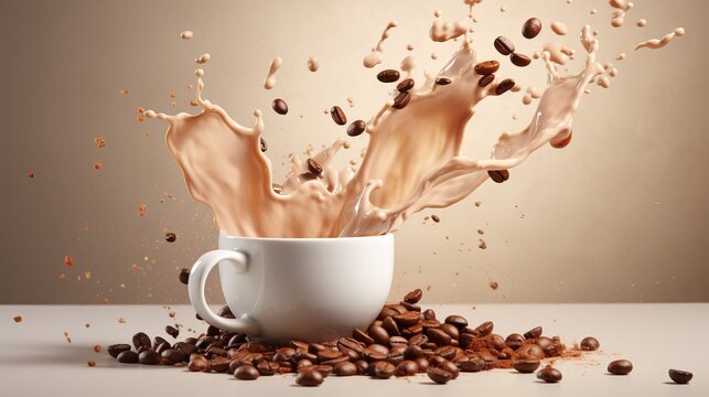 Coffee cup with splashes and flying beans on beige gradient background, copy space for text