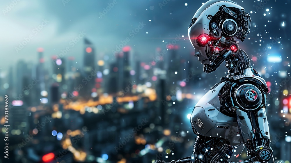 Poster artificial intelligence female robot with ample space for text on enchanting gradient background