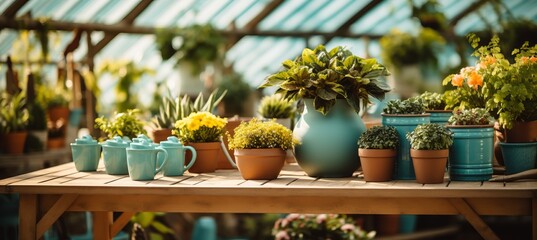 Complete set of gardening tools and assorted flowerpots in a vibrant and sun kissed garden scene - obrazy, fototapety, plakaty