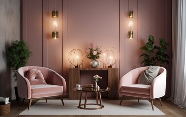 Luxury living room interior design with pink armchair