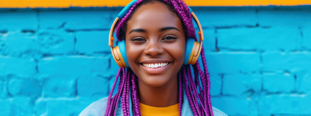 A joyful woman with purple braids and yellow headphones exudes happiness against a vibrant blue wall.