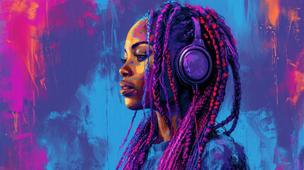A serene woman with purple braids lost in music against an abstract graffiti backdrop, embodying...