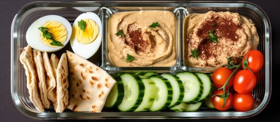 Healthy lunch or snack boxes with hummus, pita, eggs, and vegetables.
