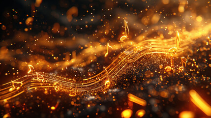 Sparkling golden musical notes dance across a dark background, capturing the dynamic essence of sound.