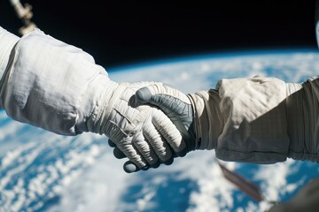 astronauts shaking hands in space - obrazy, fototapety, plakaty