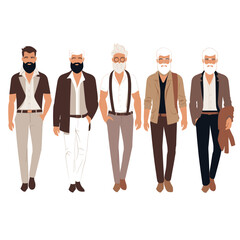 Five stylish older men in smart casual attire. Fashionable senior males, modern gentlemen fashion concept. Mature men's fashion, diversity, style across ages vector illustration.