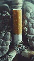 A symbol of destruction and addiction, a burnt cigarette lies alongside its untouched counterpart, highlighting the damaging effects of tobacco products - obrazy, fototapety, plakaty