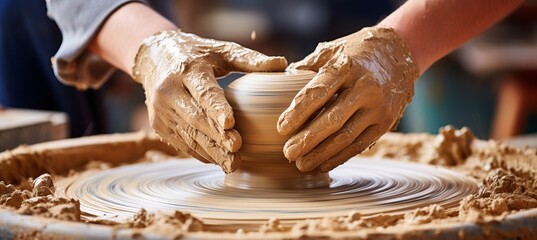 Artistic potter skillfully crafting matching ceramics on wheel in vibrant studio ambiance
