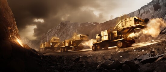 Gold ore mining with heavy equipment in an open pit, blurred background