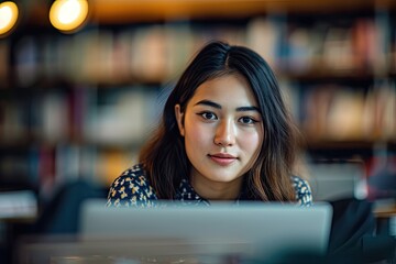 Naklejka premium A confident woman gazes at the camera, her piercing eyes and poised demeanor drawing the viewer in as she stands amongst books, her stylish clothing reflecting her intellectual and independent spirit