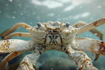 An up-close look at the intricate beauty of a freshwater crab, its armored shell glistening in the underwater world as it scuttles among the rocks, embodying both delicacy and strength as a fascinati - obrazy, fototapety, plakaty