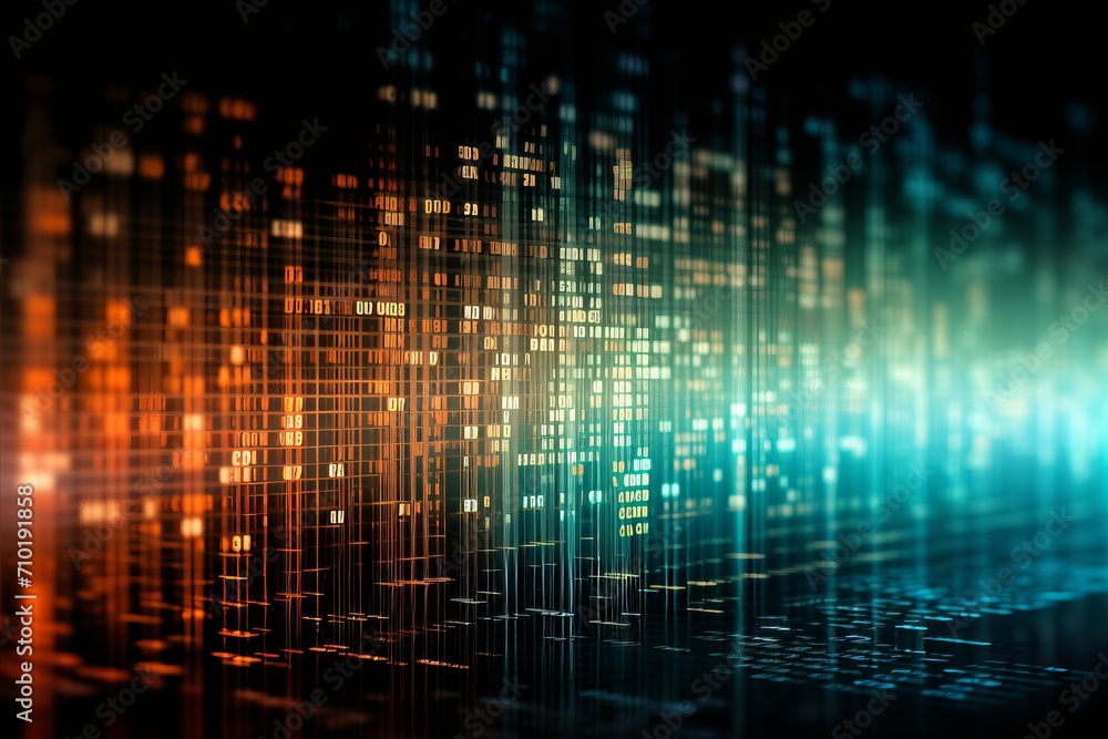 Poster abstract financial technology symbols with blurred bokeh background and dynamic light streaks