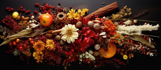 Autumn-themed arrangement includes gifts, leaves, spices, and cranberries, seen from above.