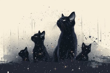 Mesmerized by the sky's canvas, a band of domestic felines stand in silhouette, embodying the curious and majestic nature of their mammalian kind