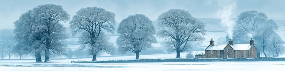 Stylized Illustration of Winter Trees and Farmhouse