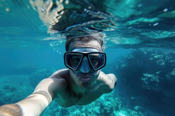 Submerged in the serene aqua depths, a swimmer dons his goggles as he dives into the unknown world of underwater exploration