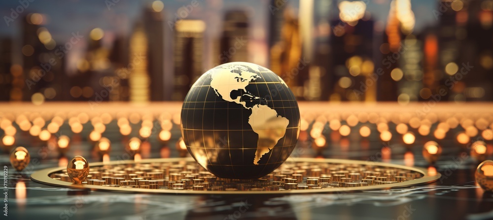 Poster blurred bokeh background with abstract financial technology symbols and dynamic light streaks