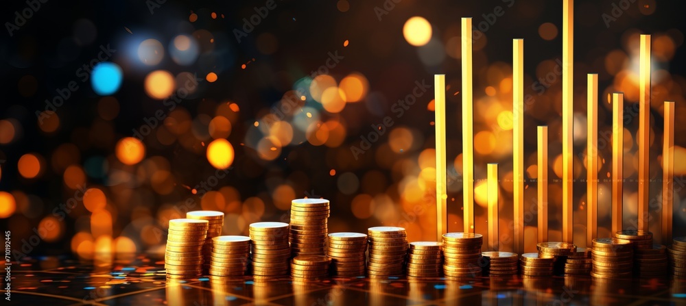 Poster abstract financial technology symbols with blurred bokeh background and dynamic light streaks