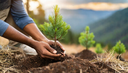 hands planting new trees in a mountainous open area, symbolizing environmental care and sustainable growth