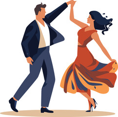 Elegant couple dancing salsa. Man in suit leading woman in red dress twirling. Latin American dance and romance vector illustration.