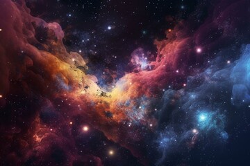Obraz na płótnie Canvas Vibrant celestial journey amidst glowing stars in a nebula-filled backdrop. Generative AI
