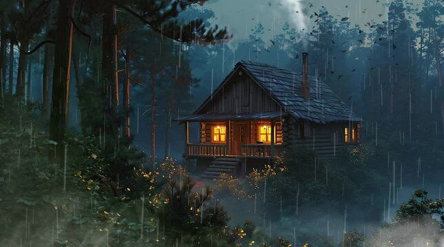 cabin in the woods on a rainy day, Seamless looping 4k time-lapse virtual video animation background. Generated AI