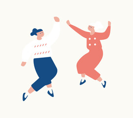 Obraz premium Two young women dancing joyfully, one in blue pants and other red dress. Happy friends celebrating. Joy and friendship concept vector illustration.