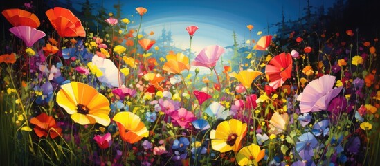 Vibrantly colored flowers bloom surrounded by green nature and a shining sun.