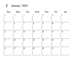 2025年1月、日本のカレンダー