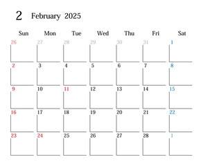 2025年2月、日本のカレンダー
