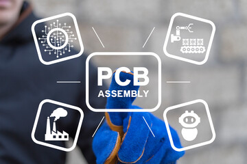 Engineer using virtual screen sees text: PCB ASSEMBLY. Electronics Manufacturing Facility or Factory. Electronic Devices Production Industry. Fully Automated Advanced Modern Printed PCB Assembly Line.