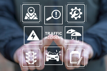 Insurer using virtual touch screen presses inscription: TRAFFIC ACCIDENT. Concept of traffic...