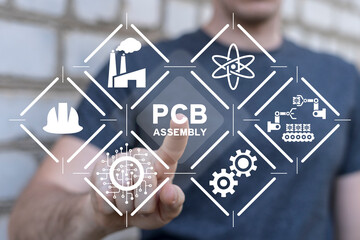 Man using virtual screen sees text: PCB ASSEMBLY. PCB Assembly Industry Business Concept....