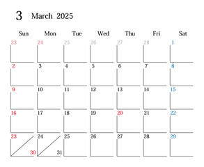 2025年3月、日本のカレンダー
