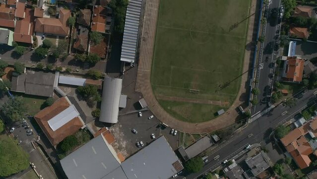 Est&aacute;dio Erich Georg small football stadium in Brazil Rolandia Parana Drone 4k
