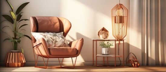 Furnishing featuring armchair, copper lamp, table, and plant stand.