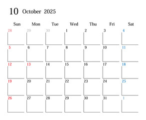 2025年10月、日本のカレンダー