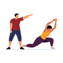 Fitness instructor and woman practicing yoga pose. Male fitness coach guiding female student in stretching exercise. Yoga class, personal trainer and flexibility training vector illustration.