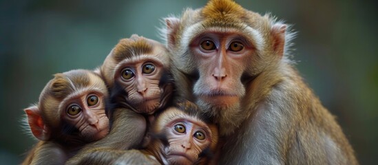 Macaque family with infants. Red-faced primates. - obrazy, fototapety, plakaty