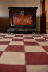 wooden bedside table, red and white hydraulic tile floor, architecture, interior design
