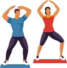 Fototapeta na wymiar Man and woman perform squats on mats at gym. Athletic couple exercising together, fitness workout vector illustration.