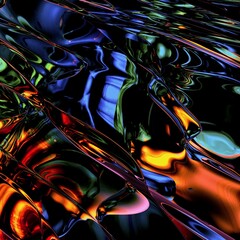 Abstract, fluid and colorful 3D background texture. Modern and contemporary feel. Metallic, iridescent and reflective with shades of blue, orange, black, yellow