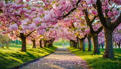 Sakura cherry blossoms, creating a mesmerizing alleyway.