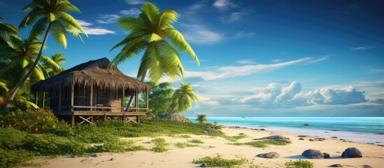 Beach bungalow with palm tree in tropical location. - obrazy, fototapety, plakaty