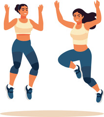 Two women dancing energetically, one with light skin, dark hair in yellow top, another with darker skin in white top. Friends having fun, dancing together, joyful weekend activity vector illustration.