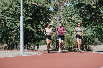 Obraz premium Fit girls jogging in a city park, enjoying outdoor sports. They are running on a race track, surrounded by a positive atmosphere and natural environment.
