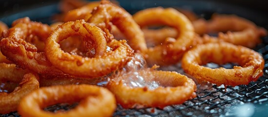 Close-up shot of onion rings being deep fried.