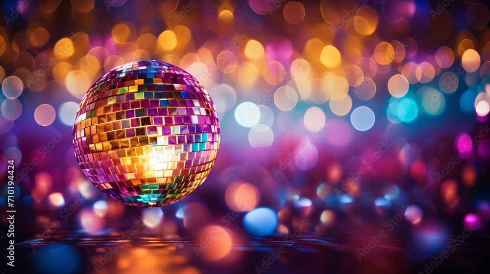 Poster enchanting bokeh effect close up of a mesmerizing disco ball reflecting a dazzling array of lights